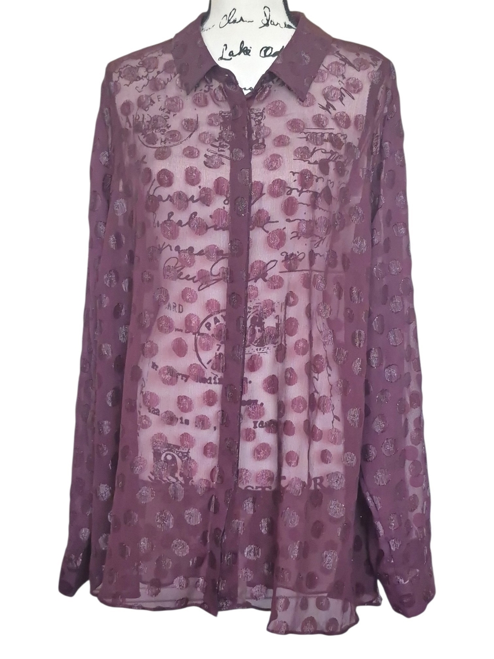 Lane Bryant Plum Sheer Polka Dot Button Down Blouse 22/24 Artsy Romantic Boho